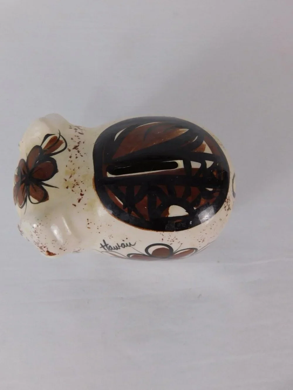 Vintage Hawaii Small Ceramic Piggy Coin Bank Brown Flower Kawaii Decor Figurine